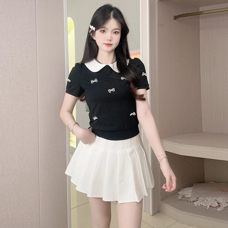 法式娃娃领蝴蝶结短袖针织上衣女夏季MIU百褶裙女款爆款2025新款