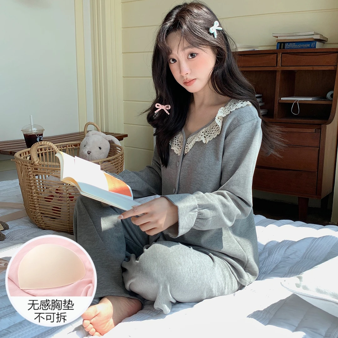 2025新款睡衣女士秋冬季长袖保暖带胸垫开衫高级感灰色套装家居服