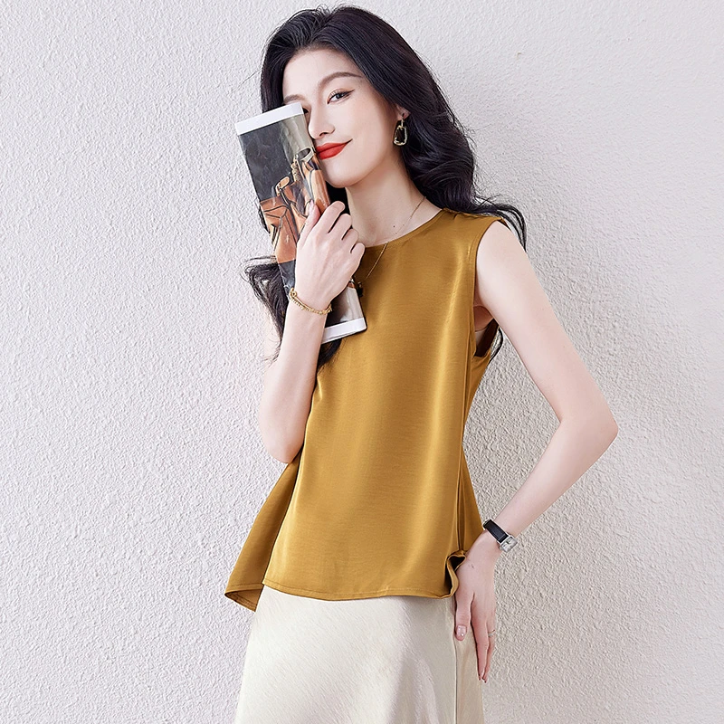 实拍高级感优雅气质缎面手抓花圆领纯色无袖女夏季不规则洋气上衣
