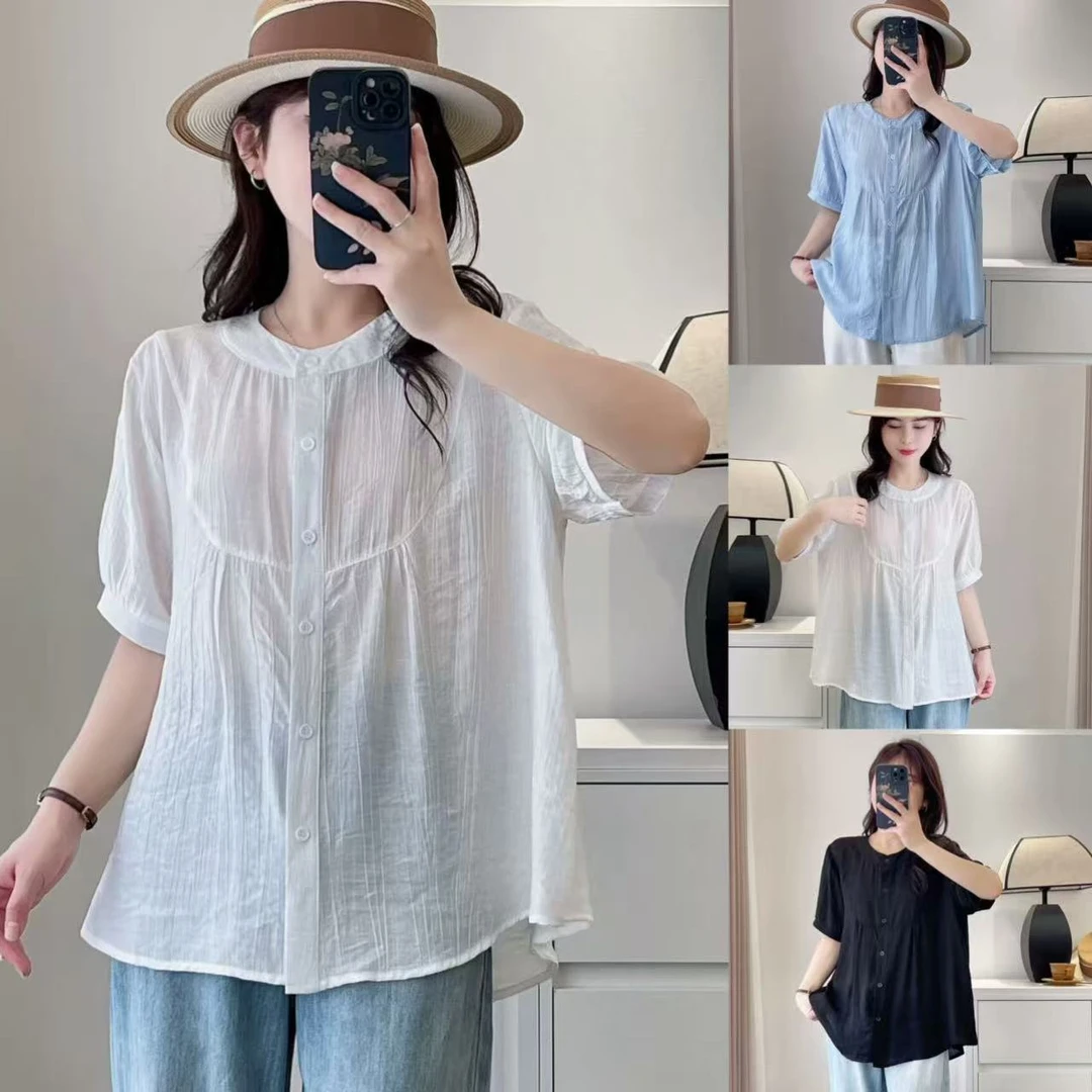 微胖大码女装洋气新款韩版衬衣圆领褶皱气质宽松显瘦短袖衬衫