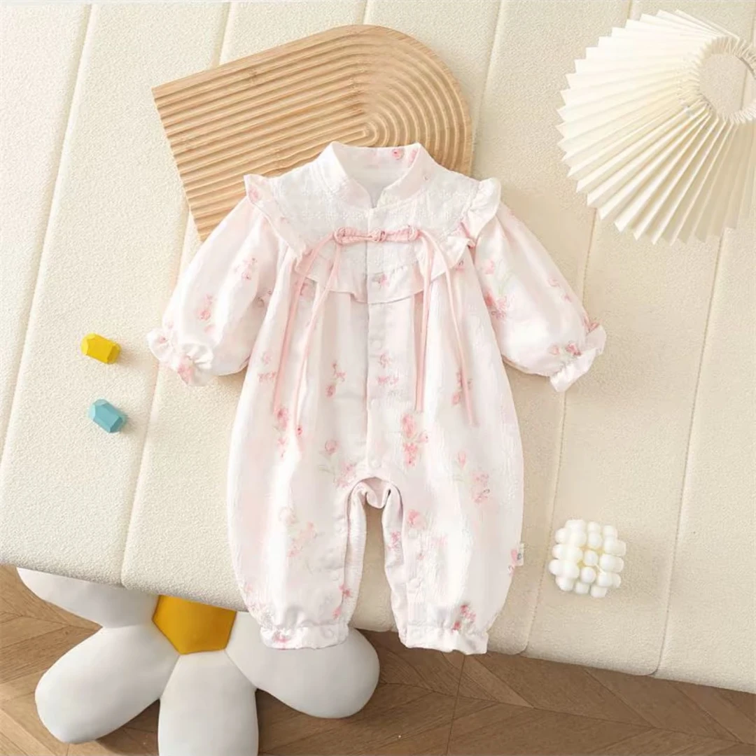 国风樱花双层长袖连体衣 婴儿衣服秋季新款外出服