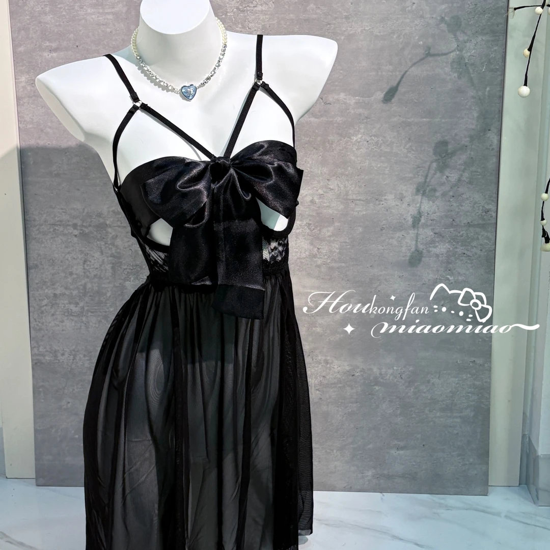 后空翻喵喵【心动礼物】绑带睡裙小胸钢托性感蕾丝钢托吊带睡衣女