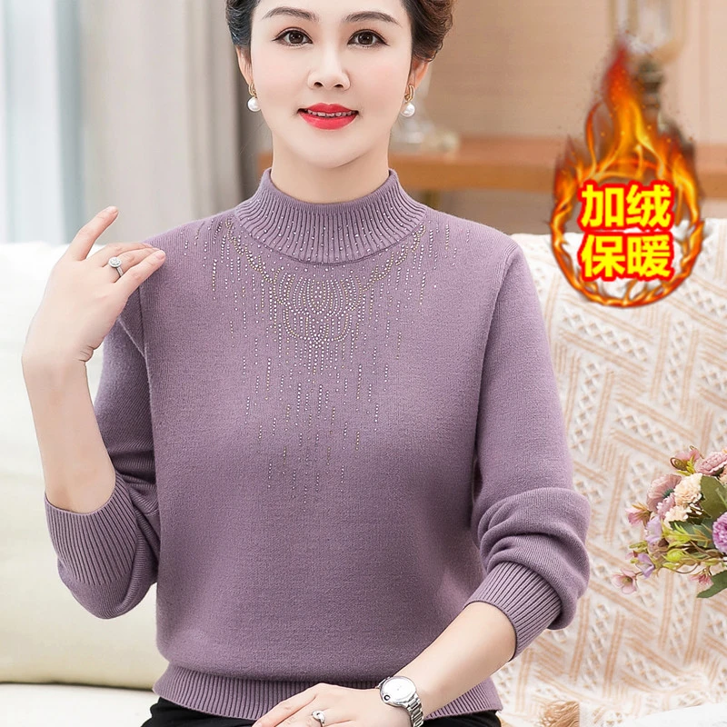 中年妈妈冬装加绒加厚毛衣上衣2024新款中老年女装秋冬保暖打底衫