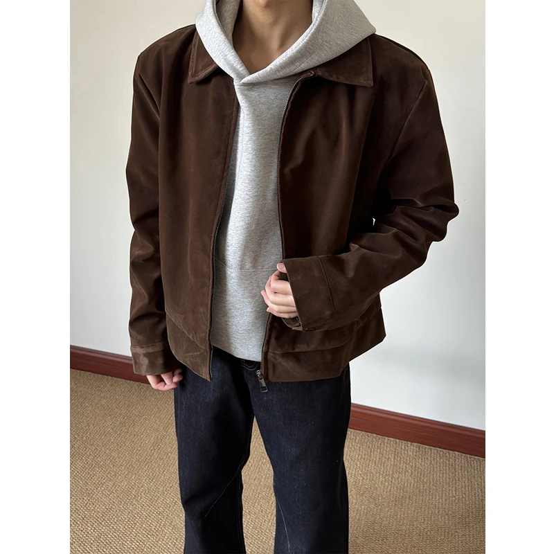 美式复古咖啡色正肩夹克外套男秋春巴恩风美拉德绒皮翻领短款皮衣