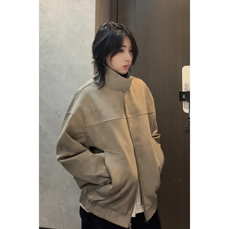 美式短款扎染飞行员夹克男秋季cleanfit立领皮衣外套高级感棒球服