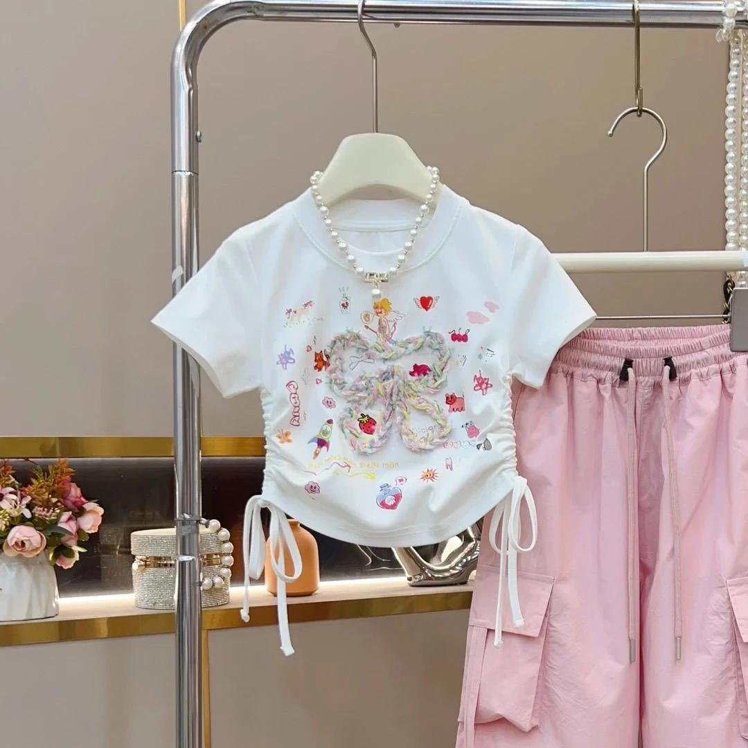女童短袖T恤夏季2024新款设计洋气儿童女孩抽绳上衣工装裤套装TZ