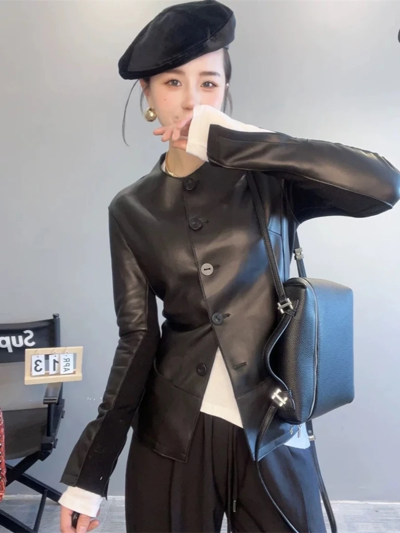 欧货2025年春秋新款海宁真皮皮衣女短款圆领修身显瘦绵羊皮外套潮