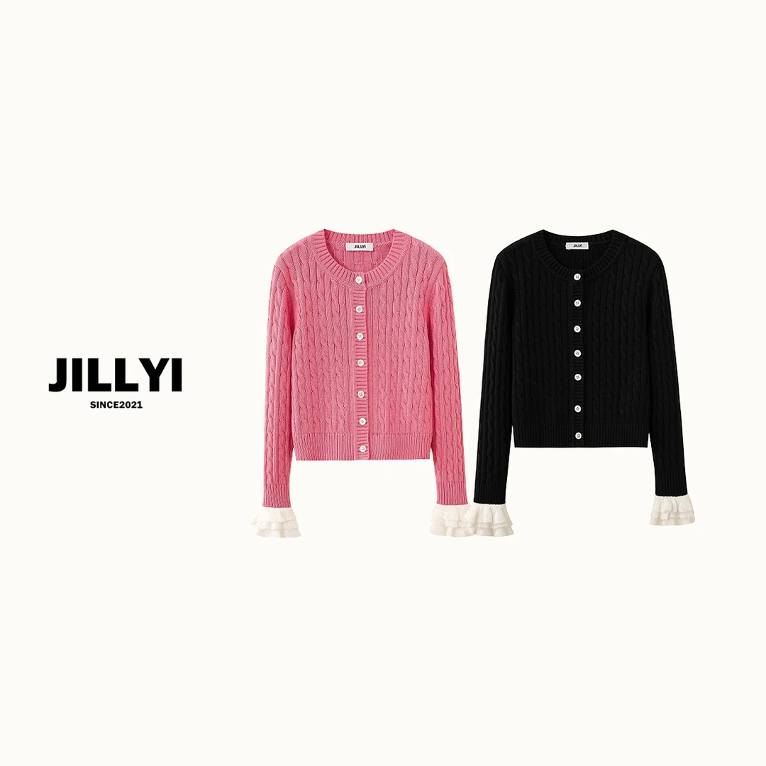 jillyi【云朵之境】双色圆领拼接白色花瓣袖口甜美风针织开衫