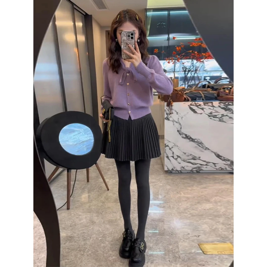 秋冬搭配一整套女小香风洋气蝴蝶结针织开衫毛衣百褶短裙两件套