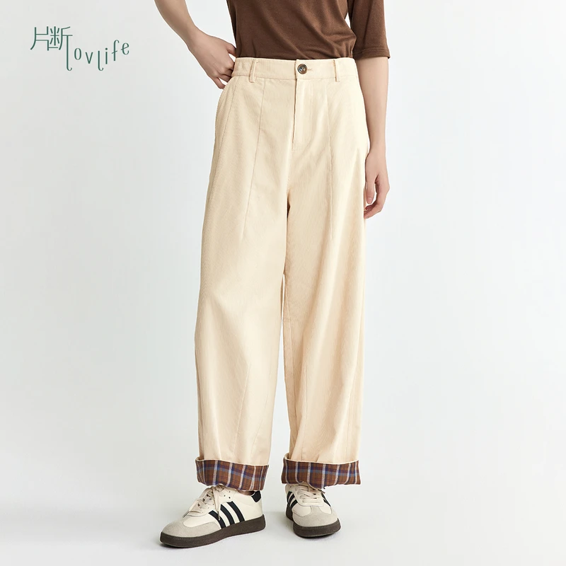 片断休闲裤女2025春季新款复古灯芯绒小个子高腰显瘦直筒灯笼裤