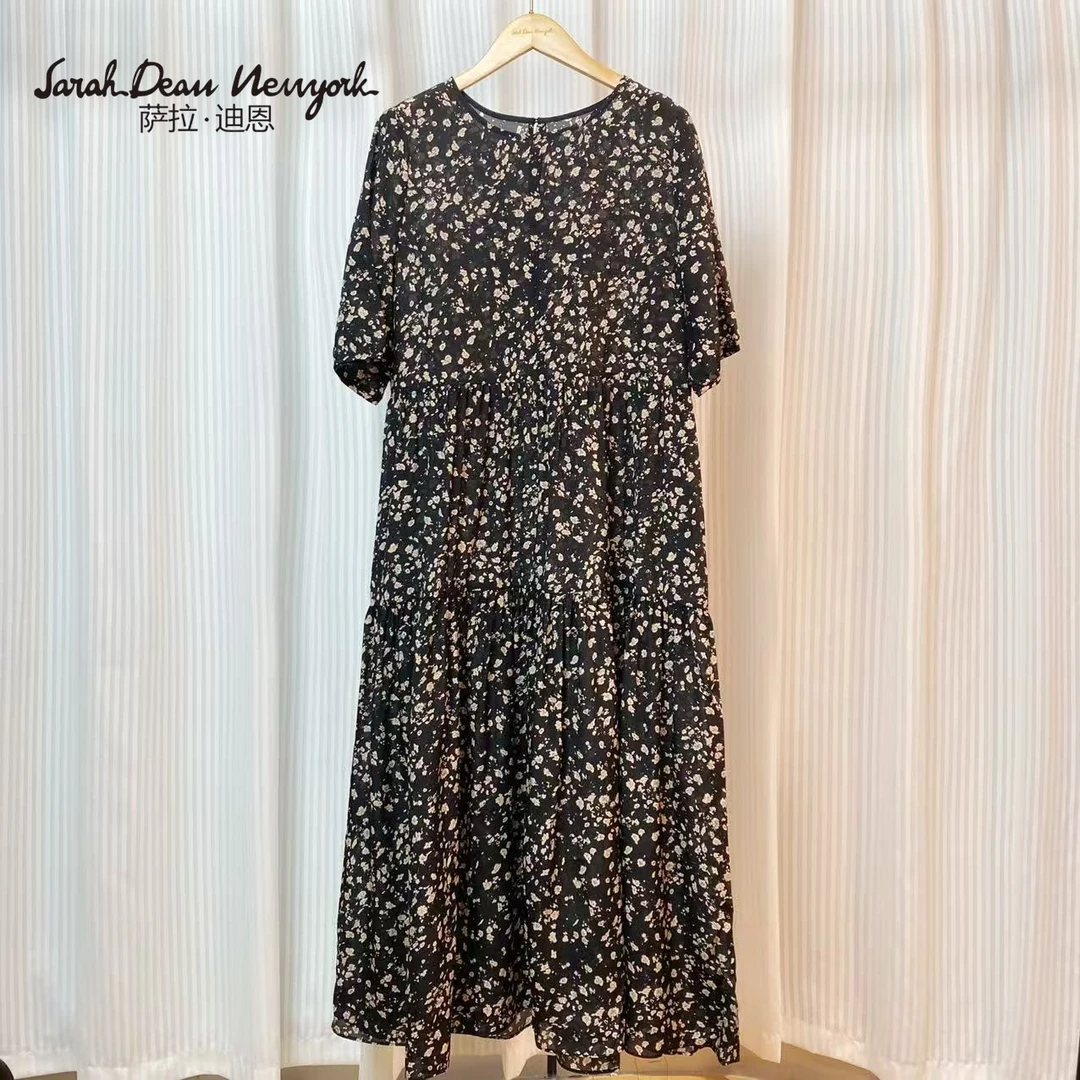 【萨拉迪恩】桑蚕丝气质碎花圆领时尚百搭优雅连衣裙