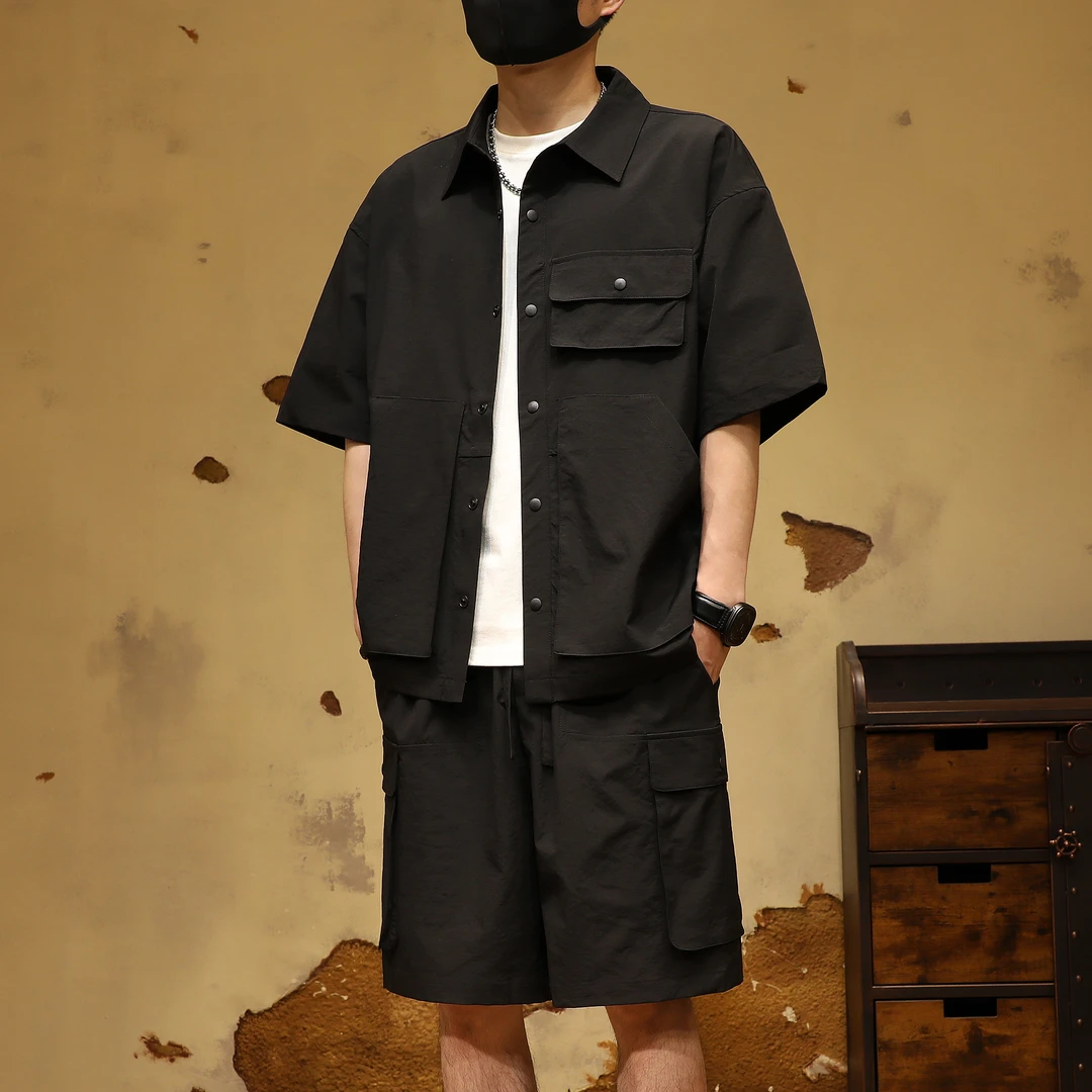 高端休闲运动短袖衬衫工装套装男士夏季新款宽松青少年短裤两件套