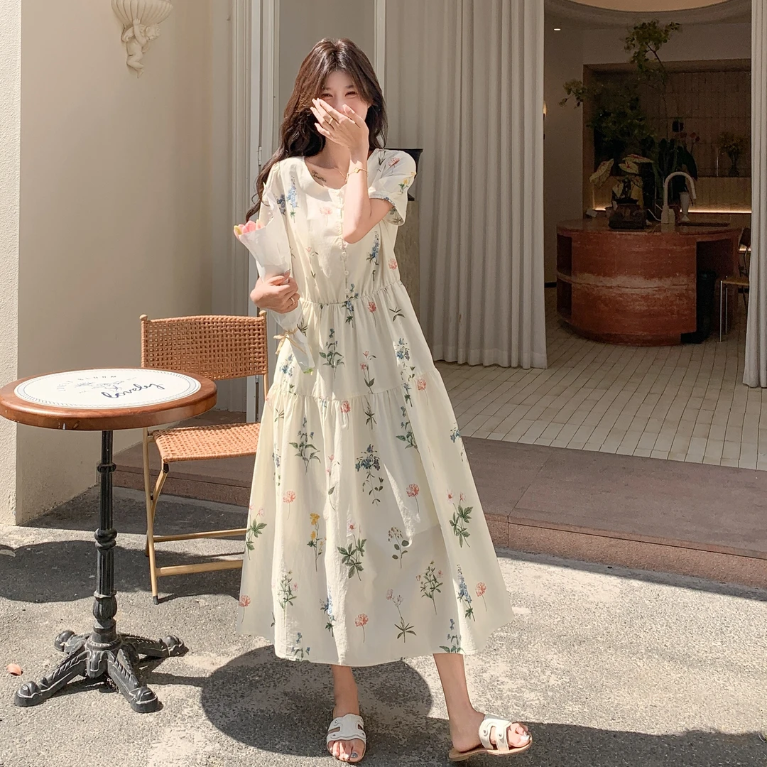 森系植物印花连衣裙女夏2025新款法式温柔风宽松遮肚孕期穿搭长裙