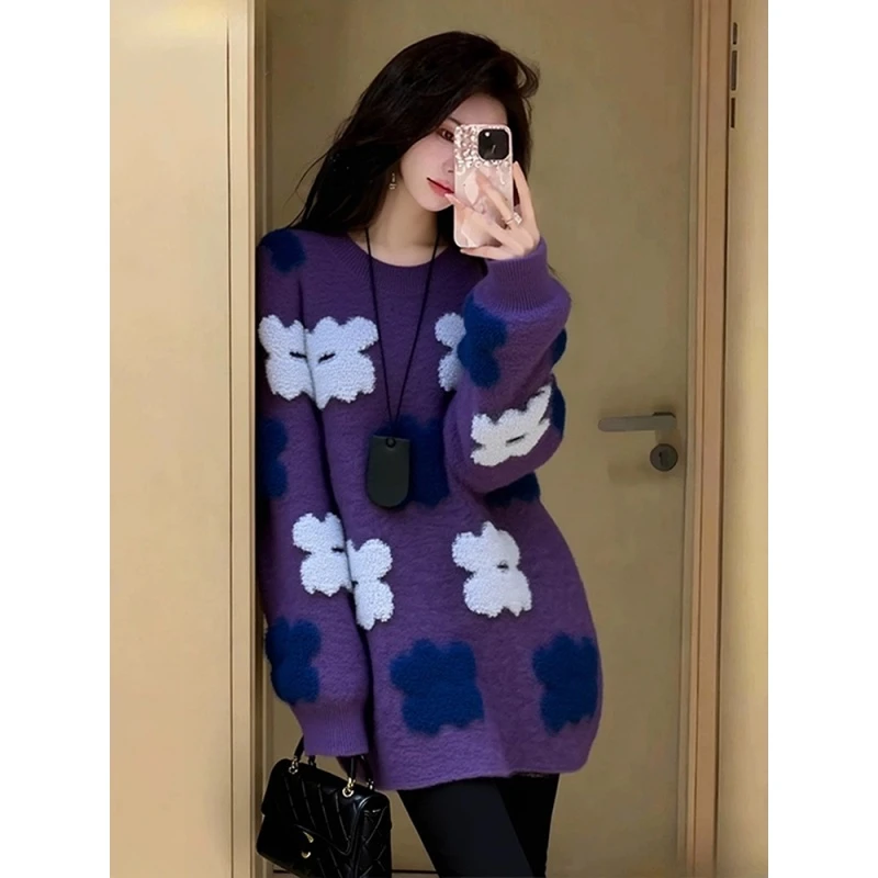 紫色花朵毛衣女慵懒风圆领软糯针织毛衣冬季新款气质百搭宽松时尚