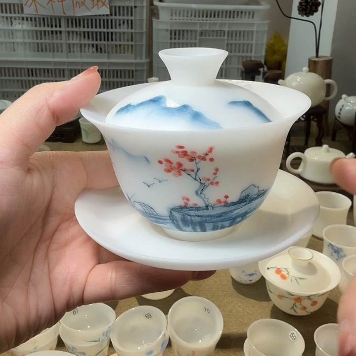 素烧冰种薄胎手绘三才盖碗山水150