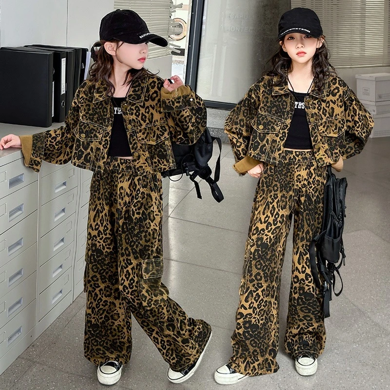 女童豹纹套装2025新款秋季童装中大儿童洋气休闲外套工装裤两件套