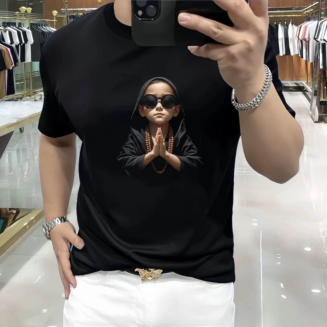 2025夏季痞帅潮流圆领套头休闲重磅短袖T恤男士开心和尚印花国潮