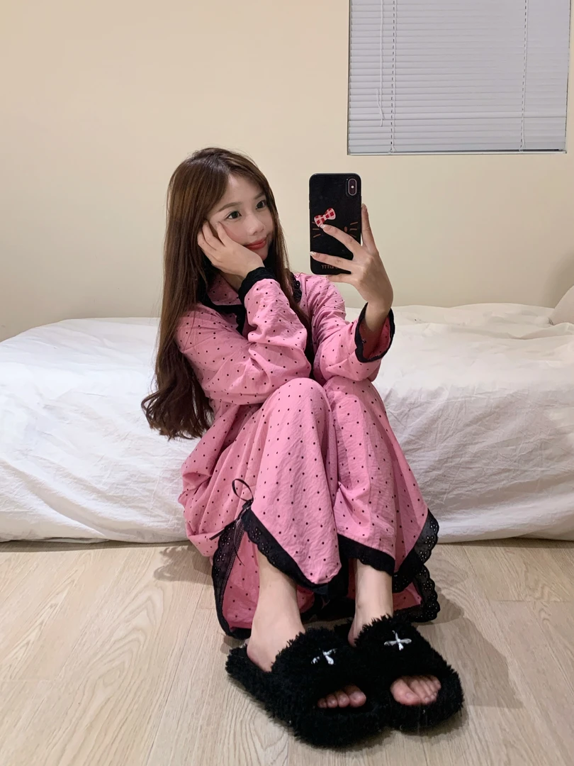 少女甜美简约波点小香风蕾丝花边睡衣女春秋新款长袖长裤家居服