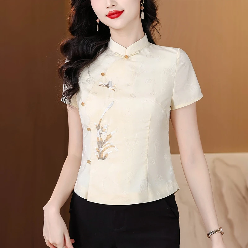 新中式国风盘扣短袖衬衫女2025夏季新款气质刺绣唐装立领小衫上衣