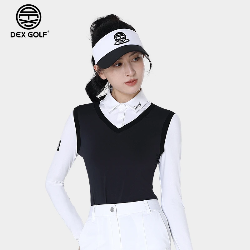 DEXGOLF高尔夫女士春季新款长袖T恤3257假两件Polo衫简约休闲运动
