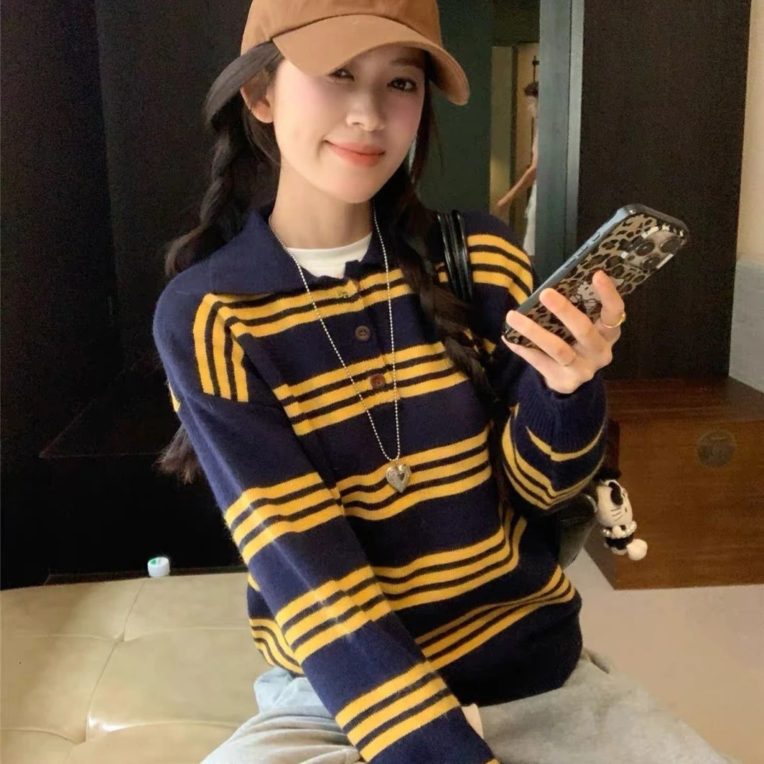 翻领简约女韩系条纹新款毛衣秋季百搭针织衫长袖宽松外穿2025年