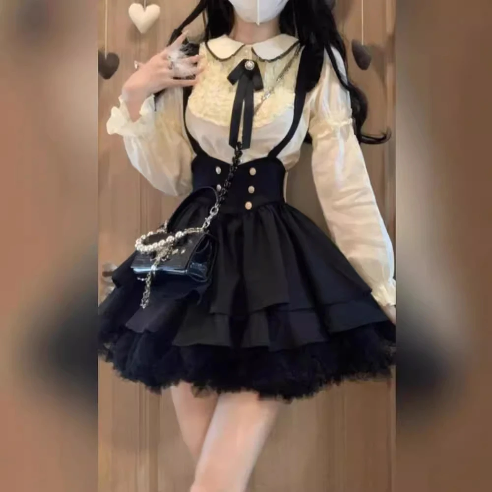 大码学院风收腰背带结背带裙女秋冬纯欲甜美娃娃领衬衫两件套显瘦