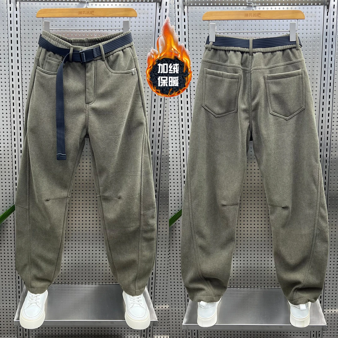 冬季新款加绒休闲裤男士潮流痞帅宽松直筒灯芯绒工装裤加厚弯刀裤