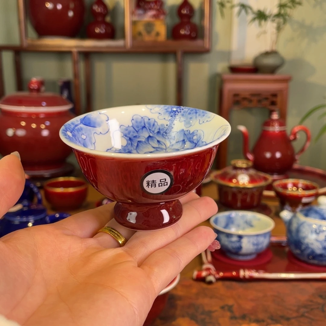 *****清欢雅玩原矿郎红精品内绘荷花小高足杯