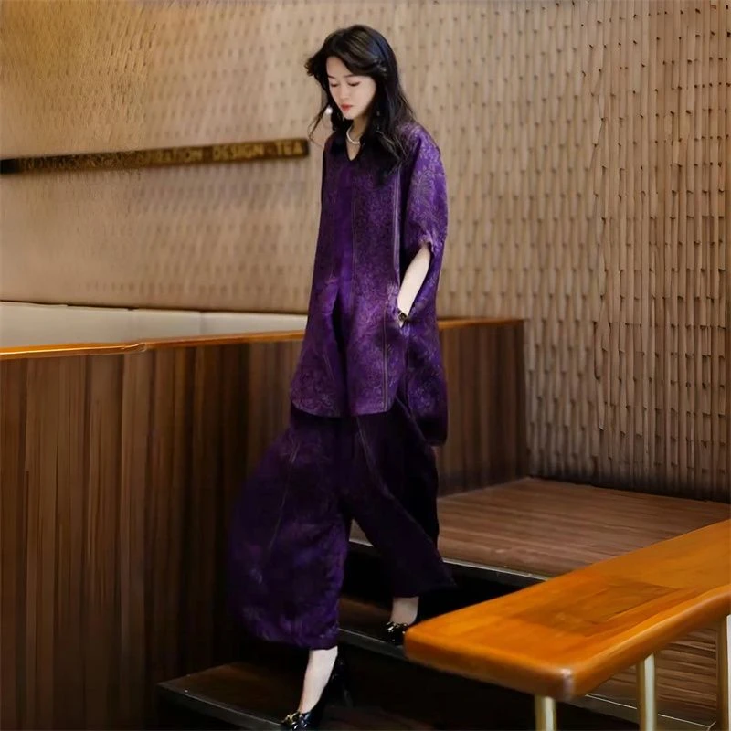 复古大码长款开衫夏季洋气宽松遮肉衬衫阔腿裤200斤两件套装