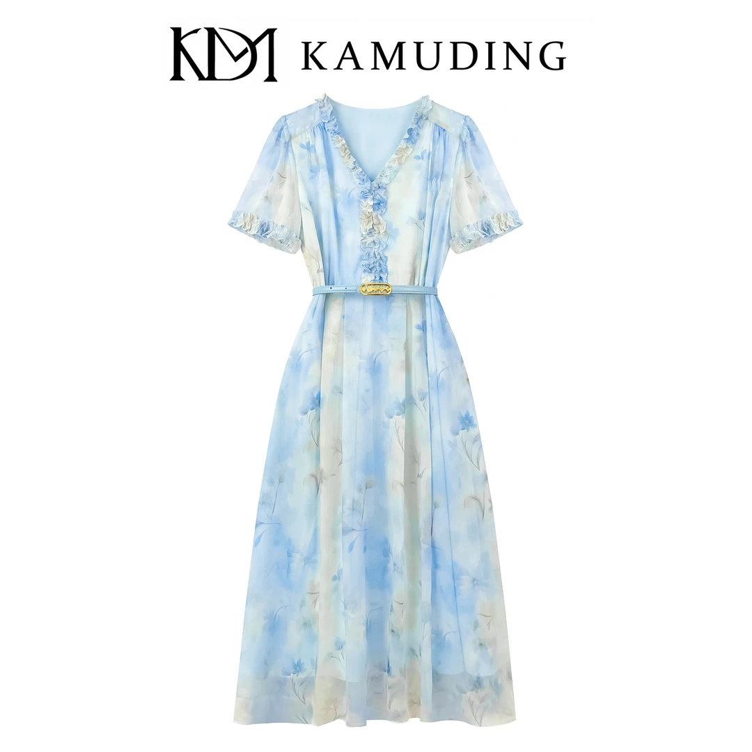 【YF】KAMUDING2025夏季海盐冰蓝温柔短袖设计款连衣裙8903