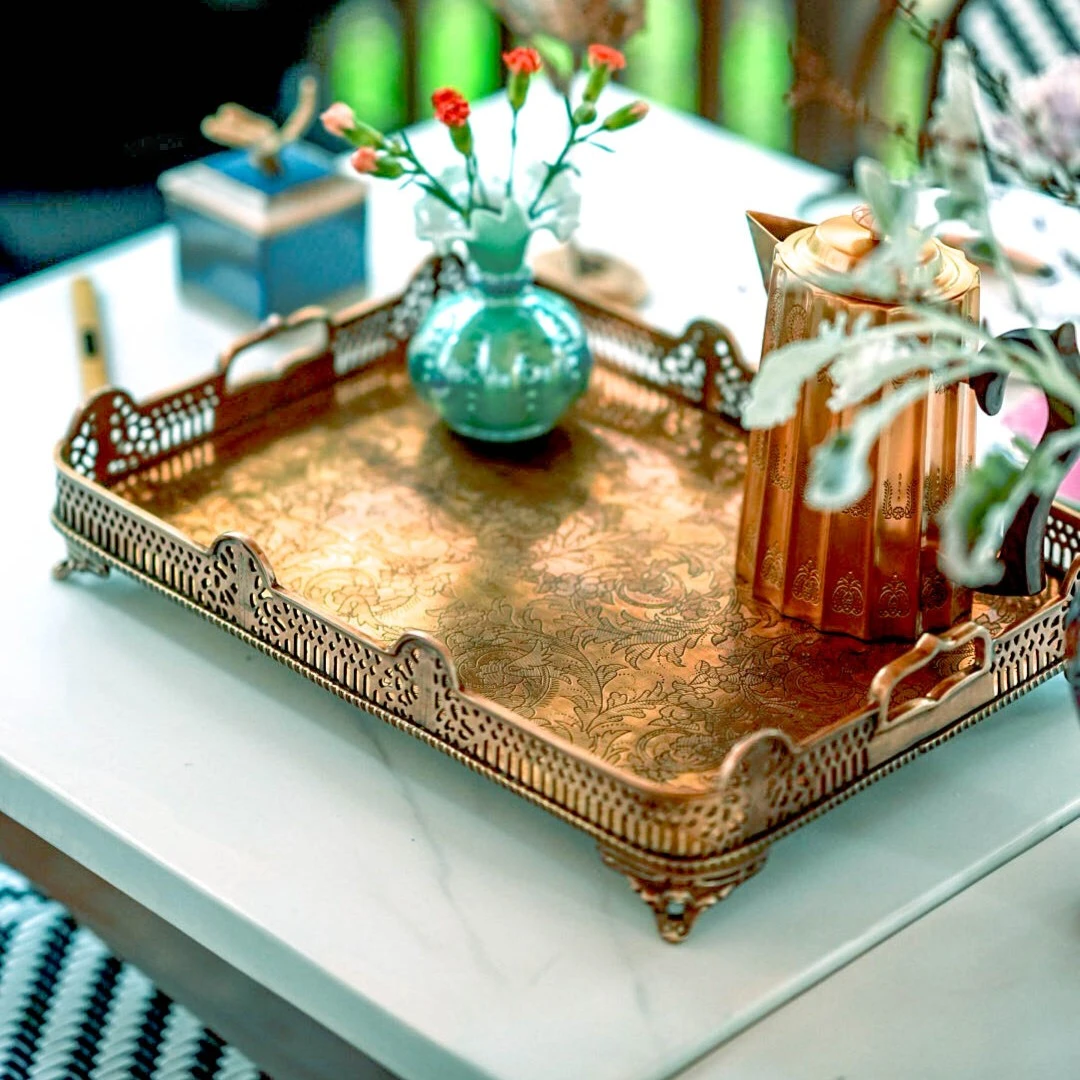 【奇居】印度进口黄铜雕花大托盘#4810845