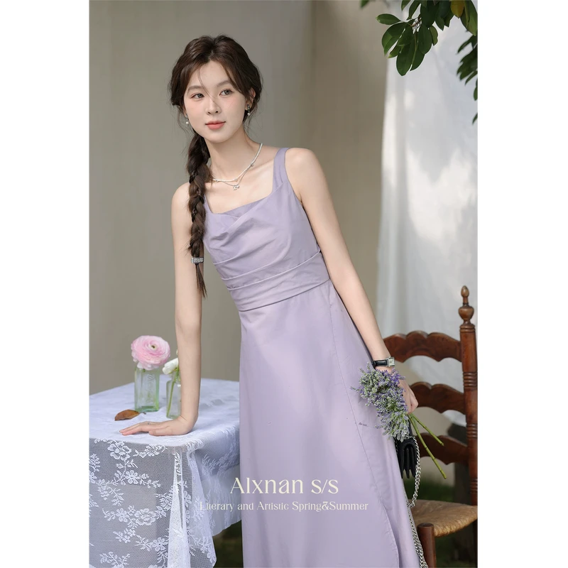 《加州丁香》紫色连衣裙女2024春夏开叉小个子背心裙套装裙L33827