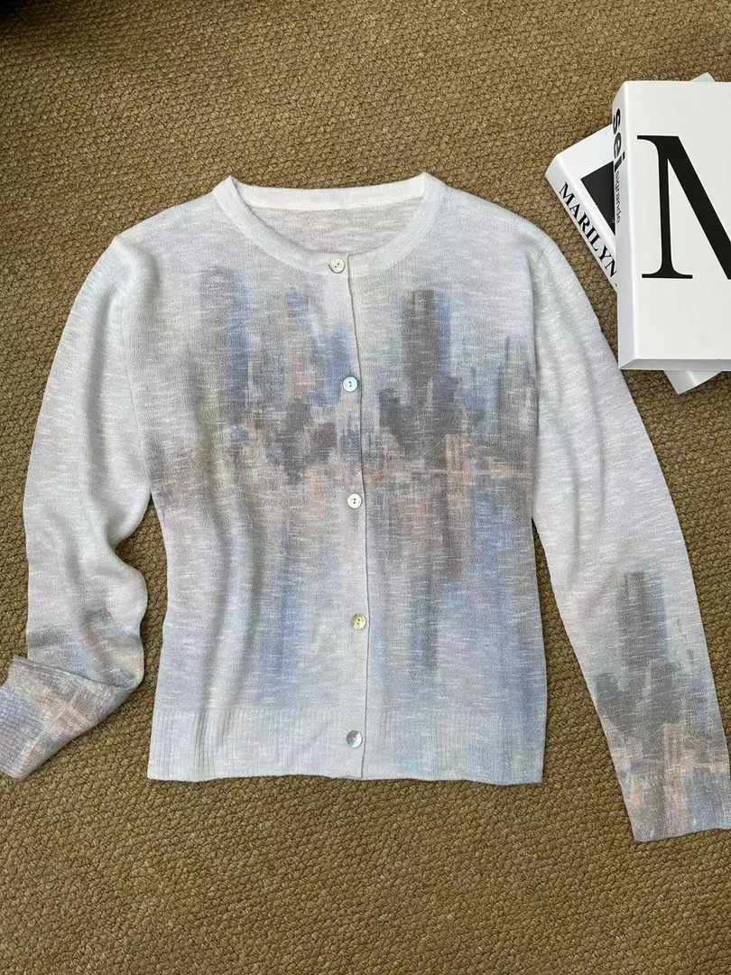 深圳南油白桃美美 水墨画扎染长袖圆领针织开衫夏季新款时尚A2681