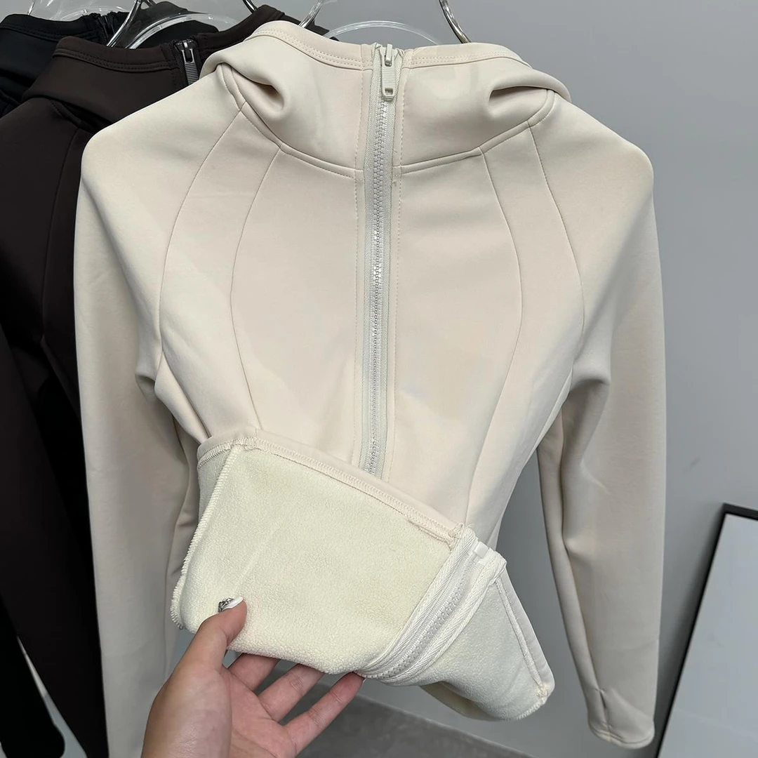 秋冬显瘦修身保暖加绒外套女立领连帽运动夹克瑜伽上衣跑步健身服