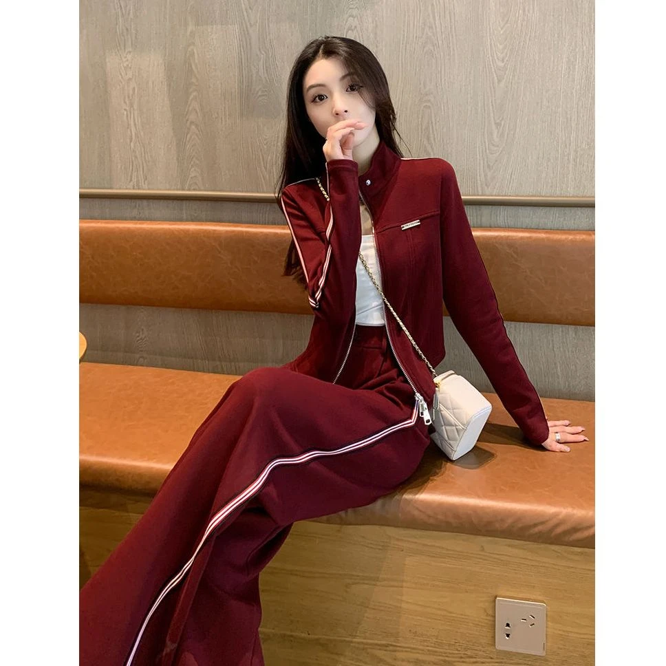 安可拉红立领休闲运动套装女春秋新款高级感时尚修身显瘦两件套女