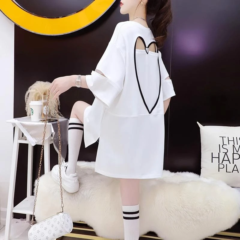 大码女装时尚短袖t恤女2025新款夏装小心机设计感中长款上衣T