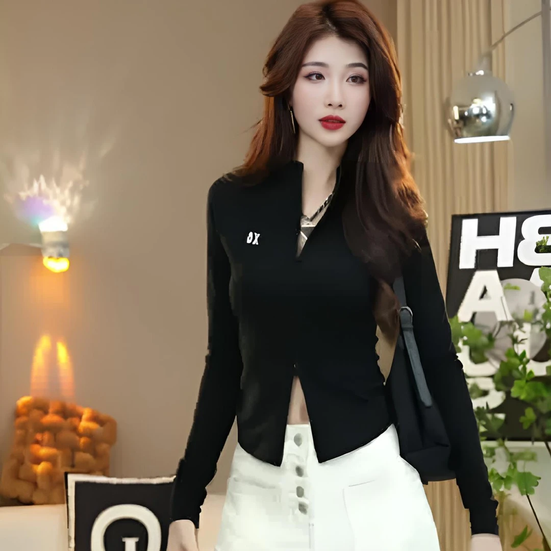 欧货气质字母印花半高领拉链长袖T恤女早春新款修身显瘦打底上衣