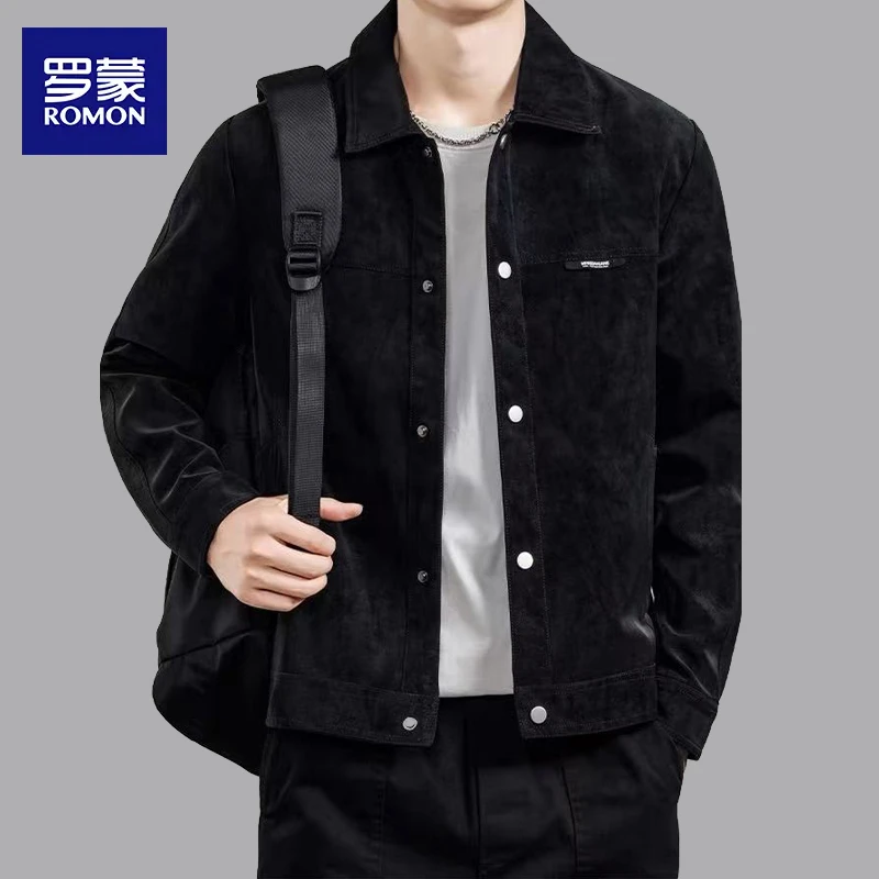 罗蒙黑色春秋季高端翻领爆款高级感时尚外套痞帅潮流修身男款夹克