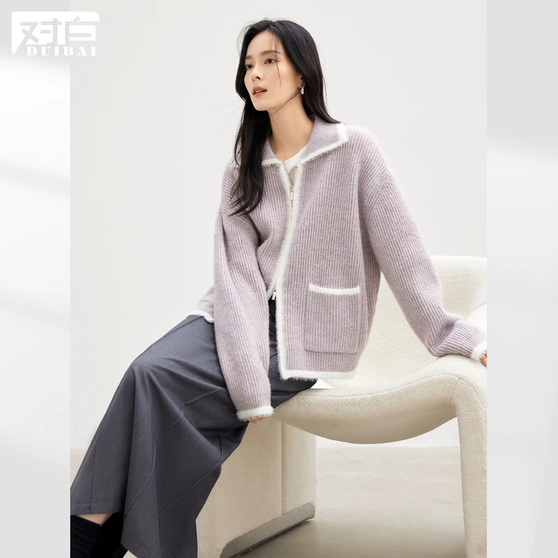 对白超好看仿貂毛撞色毛衣外套女2024冬季新款慵懒松弛感针织开衫