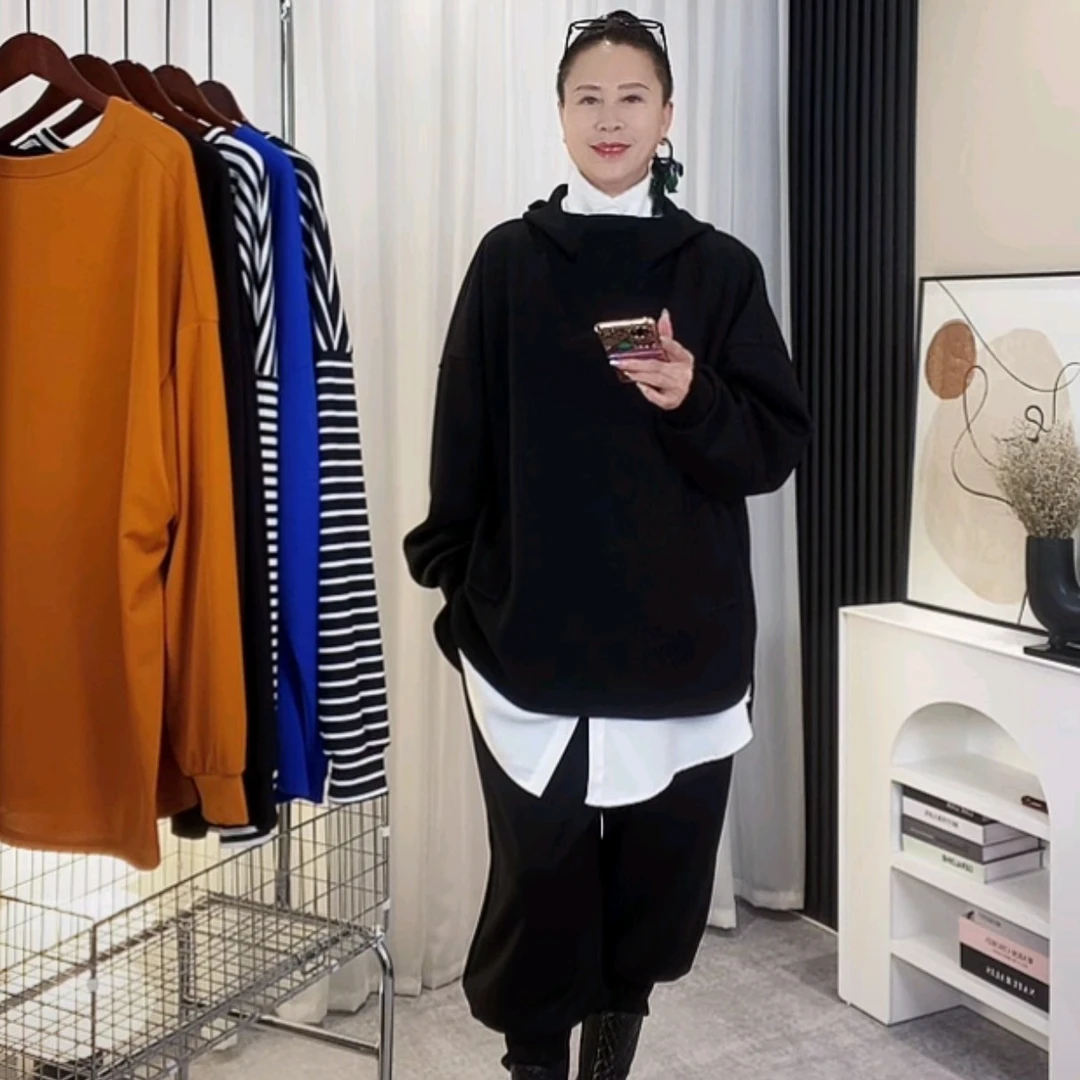 秋冬新款黑色套装（可单拍）空气棉连帽卫衣工装版卫裤灯笼裤卫衣