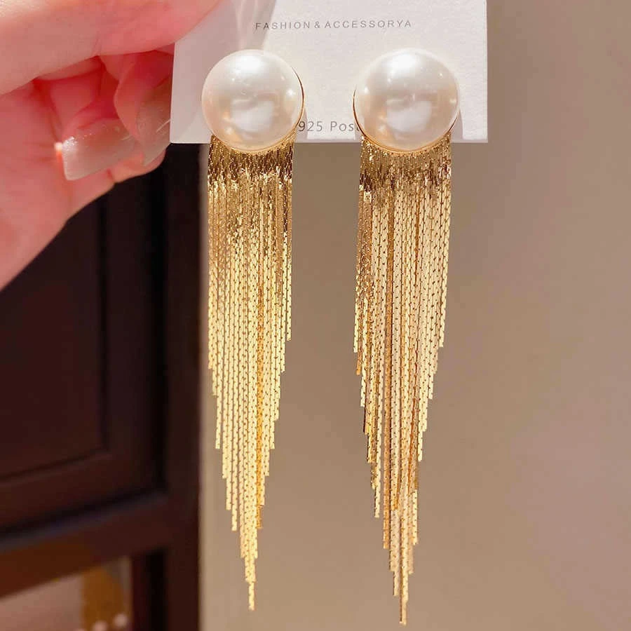 925银仿珍珠耳饰 银针法式仿珍珠几何圆形链条流苏耳环时尚优雅气