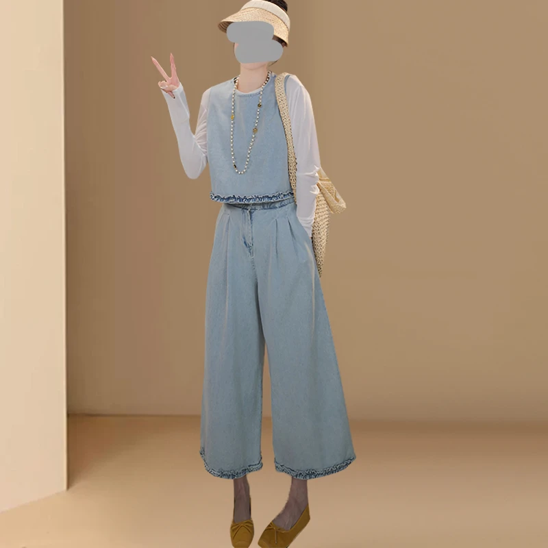 2025夏季韩版时尚气质百搭显瘦牛仔套装韩系花边背心打底阔腿裤潮