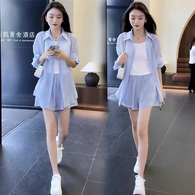 20夏季新款时尚衬衫阔腿短裤子女减龄漂亮搭配一整套装