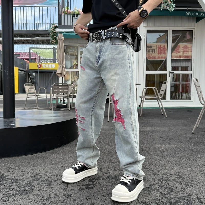 美式做旧男士宽松秋冬2025破洞牛仔裤直筒美式做旧破洞阔腿牛仔裤