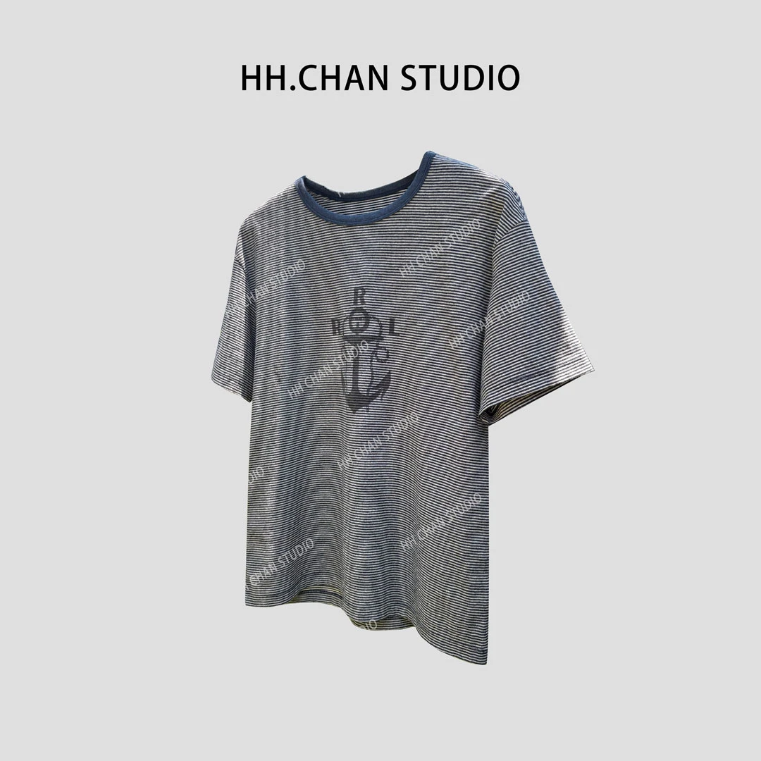 HH.CHAN“海盗条纹”100%棉RL新款船锚藏青白条圆领T恤HH52D36729