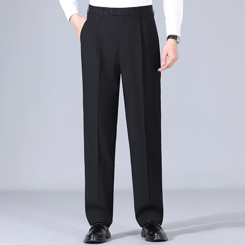 中老年羊毛西裤男款西装裤黑色双褶宽松高腰直筒宽裤脚冬装西服裤