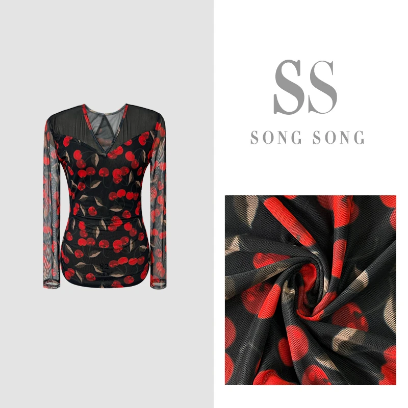 SONG-【酒渍樱桃】秋款定制网纱印花减龄时尚大方长袖上衣
