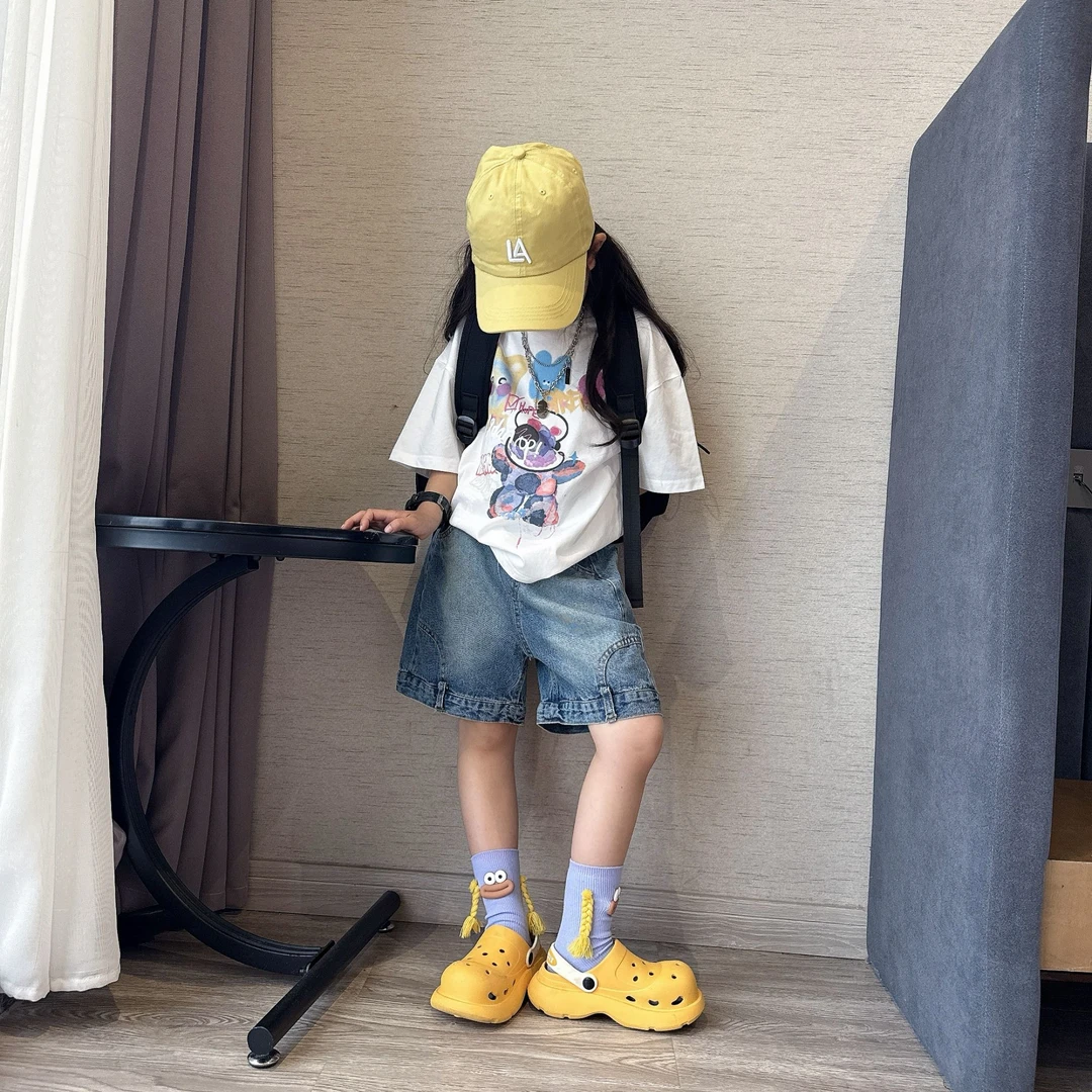 女童夏季休闲时髦个性牛仔短裤中大童百搭短袖T恤衫