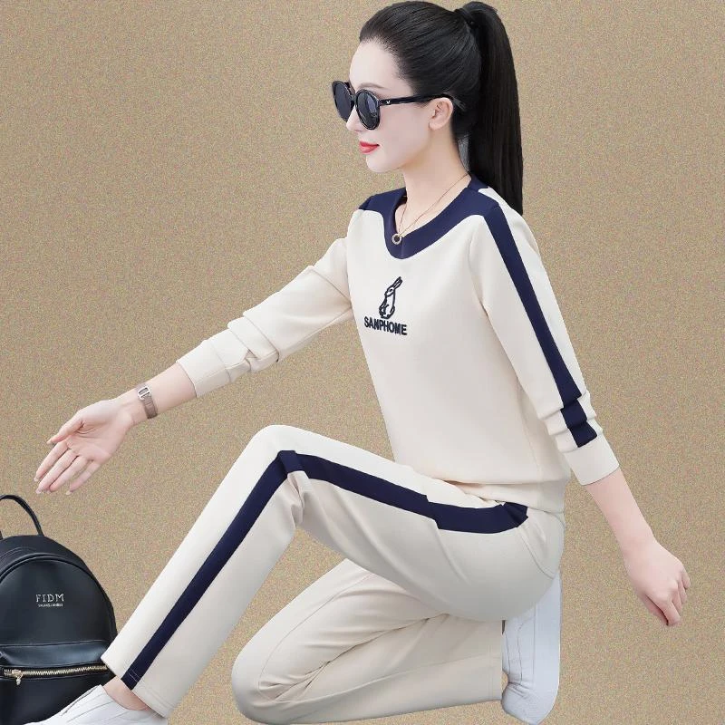 高含棉休闲运动服套装女2025年春秋新款时尚韩版圆领跑步服两件套