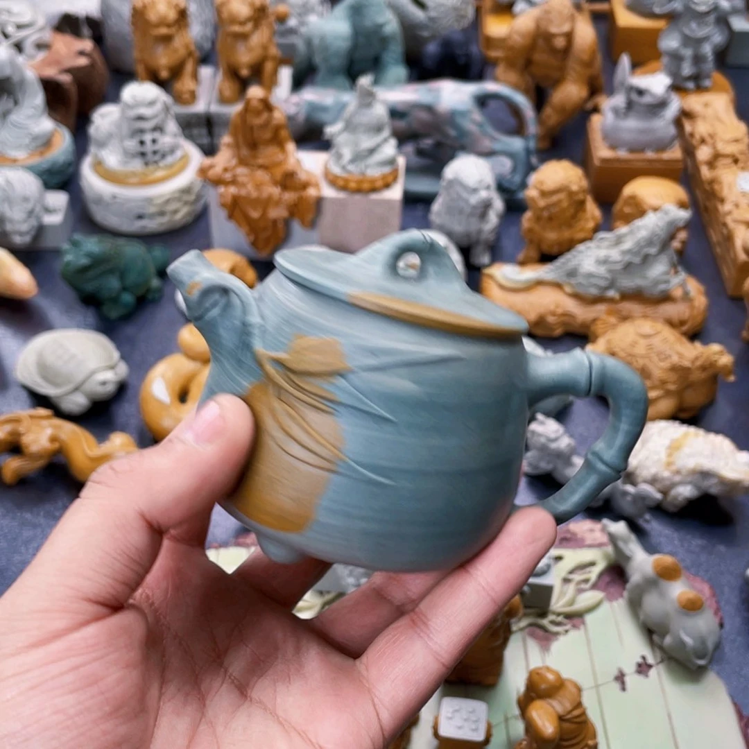 竹节壶手工雕刻松花石